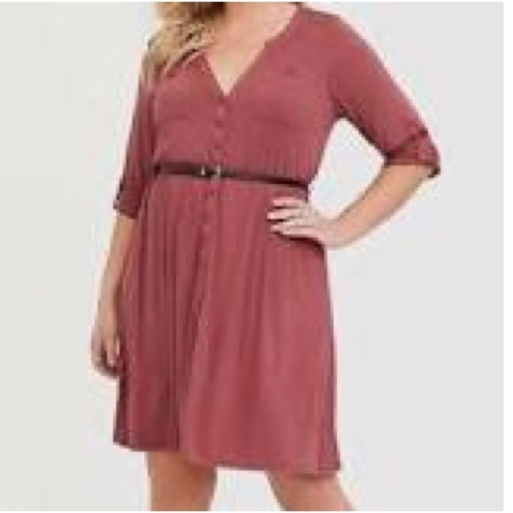 TORRID Sz 2 Mauve Pink Button Down 3/4 Roll Up W/ Tabs Sleeves Knee Length Dress
